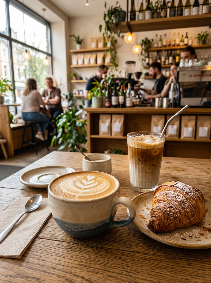 Artisanal cappuccino latte art, iced coffee and fresh croissant at a modern cafe